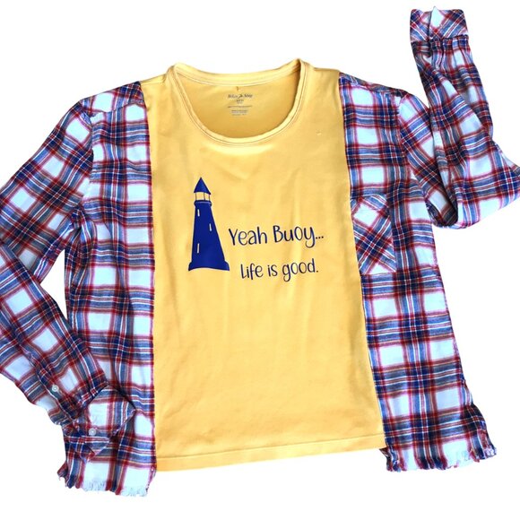 Upcycled Graphic Tee Flannel Sleeves, S-M: Oversized Lighthouse Pullover Shirt - Picture 5 of 10